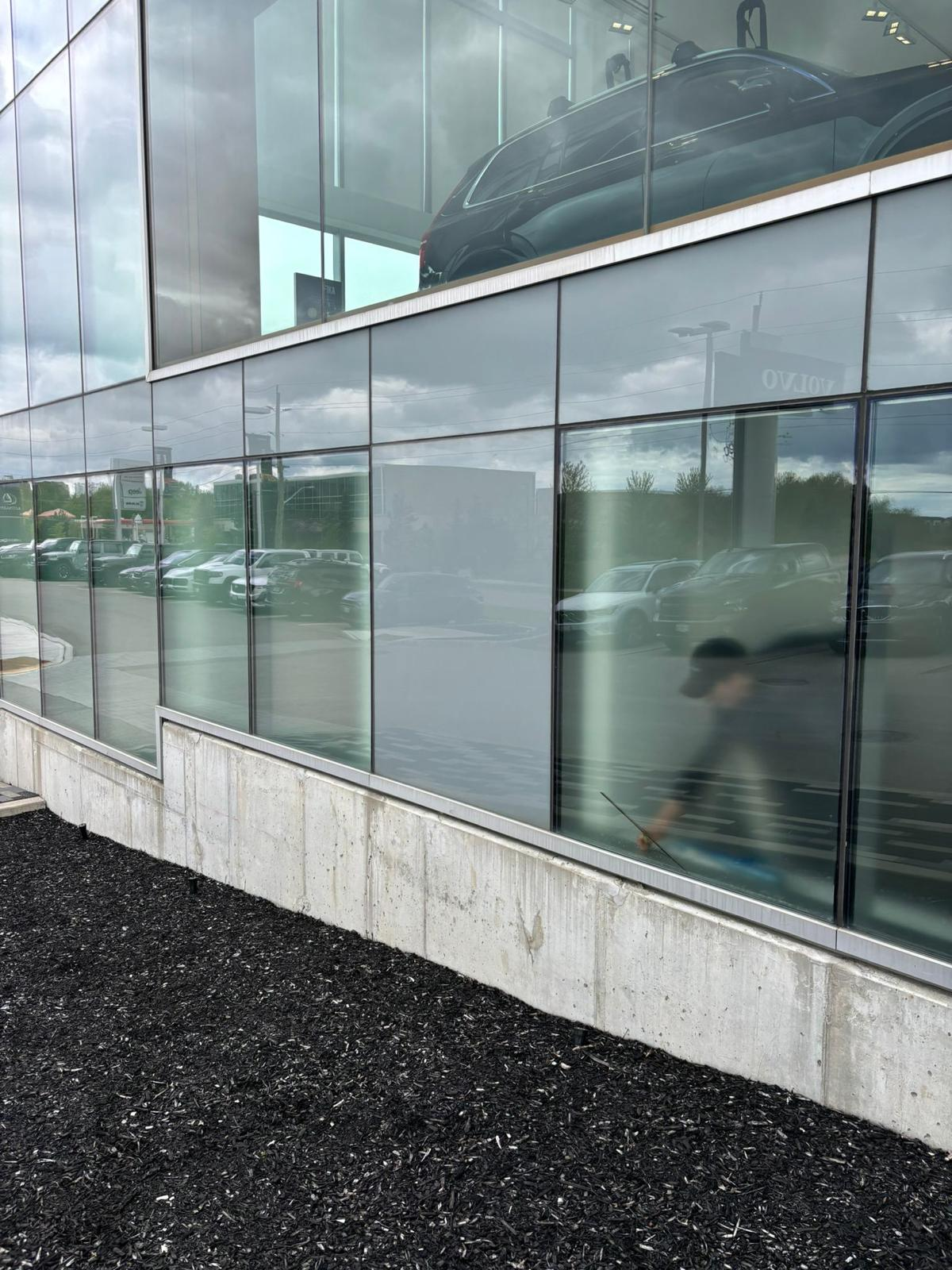 Reflective commercial glass windows with mulch base